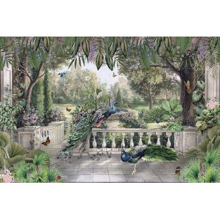 Papel pintado o fotomural dibujo selva y pavos reales