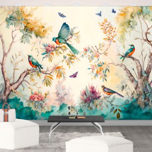 Fotomural vinilos acuarela aves flores bosque