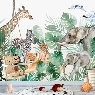 Fotomural dibujo infantil animales aves selva