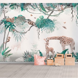 Papel pintado vinilos acuarela selva con animales infantil