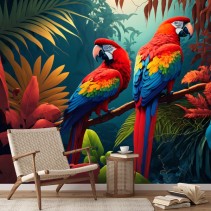Fotomural vinilo ilustración guacamayos selva tropical