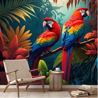 Fotomural vinilo ilustración guacamayos selva tropical