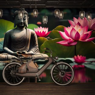 Fotomural vinilo imagen zen buda y flores de loto en estanque Fotomural vinilo imagen zen buda y flores de loto en estanque