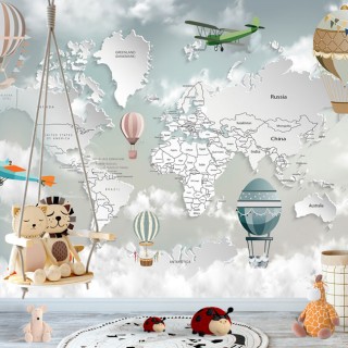Fotomural o papel pintado mapamundi infantil con globos y aviones