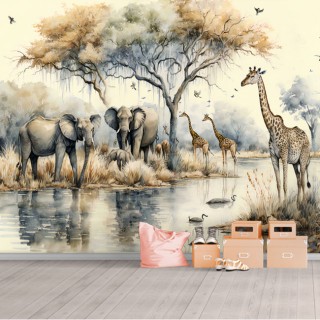 Fotomural vinilo paisaje lago safari jirafas elefantes