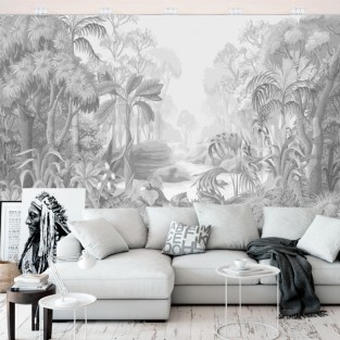 Papel pintado dibujo selva tropical blanco y negro