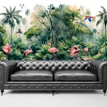 Papel pintado vinilo acuarela selva flamingos guacamayos