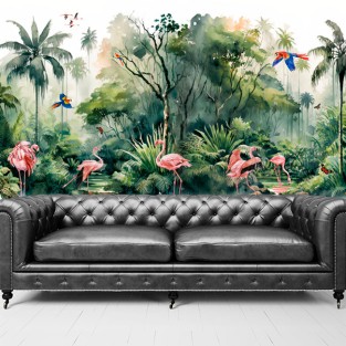 Papel pintado vinilo acuarela selva flamingos guacamayos