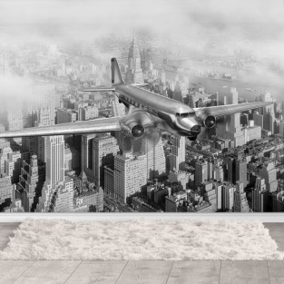 Papel pintado o fotomural avión clásico sobrevuela nueva york