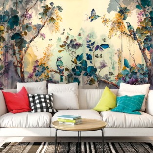 Papel pintado o fotomural dibujo colibrís y flores