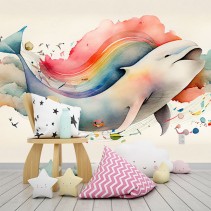 Papel pintado o fotomural dibujo ballena en nubes y arcoíris