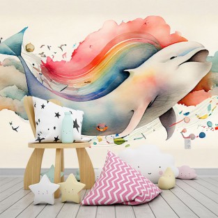 Papel pintado o fotomural dibujo ballena en nubes y arcoíris