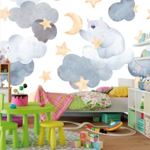 Papel pintado infantil dulces sueños oso en nubes estrellas y luna