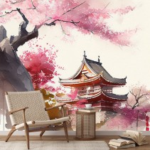 Papel pintado o fotomural acuarela paisaje japonés con templo