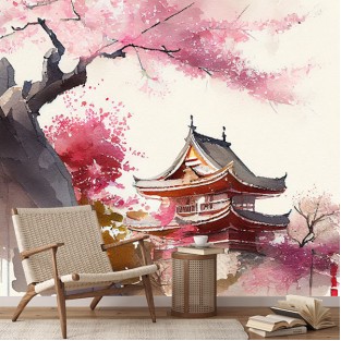 Papel pintado o fotomural acuarela paisaje japonés con templo