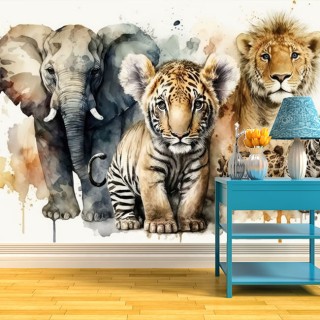 Papel pintado o fotomural ilustración acuarela elefante tigre y león