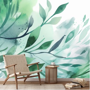 Fotomural vinilo ilustración en acuarela de hojas verde juvenil infantil