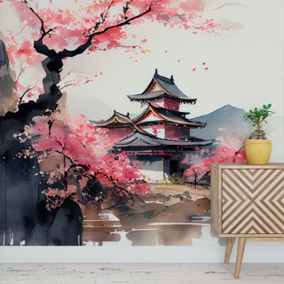 Papel pintado o fotomural ilustración acuarela paisajes templo asiático