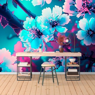 Papel pintado o fotomural ilustración flores tonos azul y rosa moderno juvenil