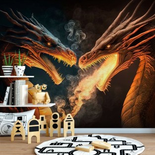 Fotomural ilustración pareja dragones majestuosos luz dorada