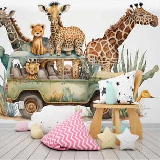 Papel pintado o fotomural infantil animales en safari