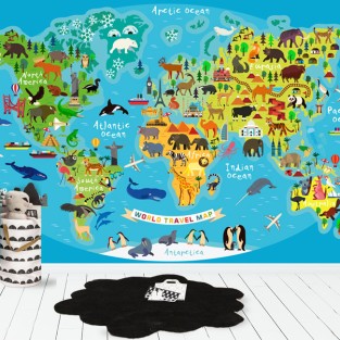 Papel pintado o fotomural mapamundi con animales