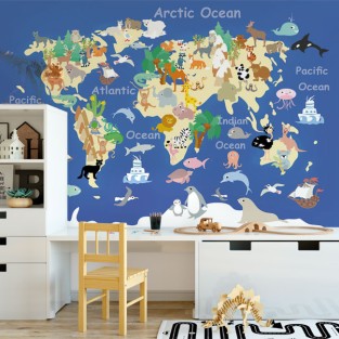 Papel pintado o fotomural mapamundi infantil con animales