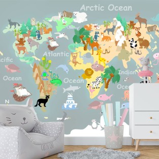 Papel pintado o fotomural mapamundi animales ilustración infantil