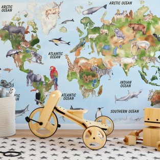 Papel pintado o fotomural de mapamundi con animales