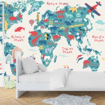 Papel pintado o fotomural mapamundi con animales y monumentos