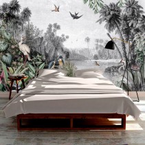 Papel pintado vinilo paisaje lago flores y aves tropicales