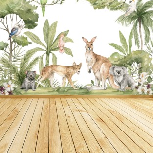 Papel pintado vinilo paisaje palmeras canguro koala