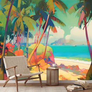 Papel pintado vinilos paisaje playa tropical palmeras