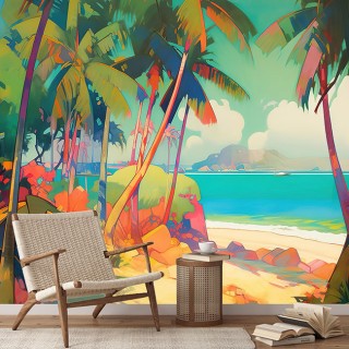Papel pintado vinilos paisaje playa tropical palmeras