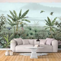 Papel pintado vinilo paisaje selva flores y aves