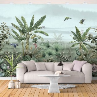 Papel pintado vinilo paisaje selva flores y aves