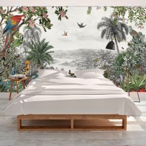 Papel pintado vinilo paisaje selva lago y aves tropicales