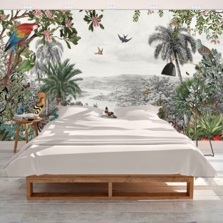 Papel pintado vinilo paisaje selva lago y aves tropicales