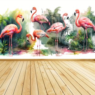 Papel pintado vinilo paisaje tropical con flamingos