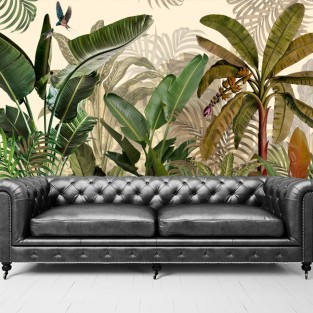 Papel pintado vinilo plantas trópico colibrí