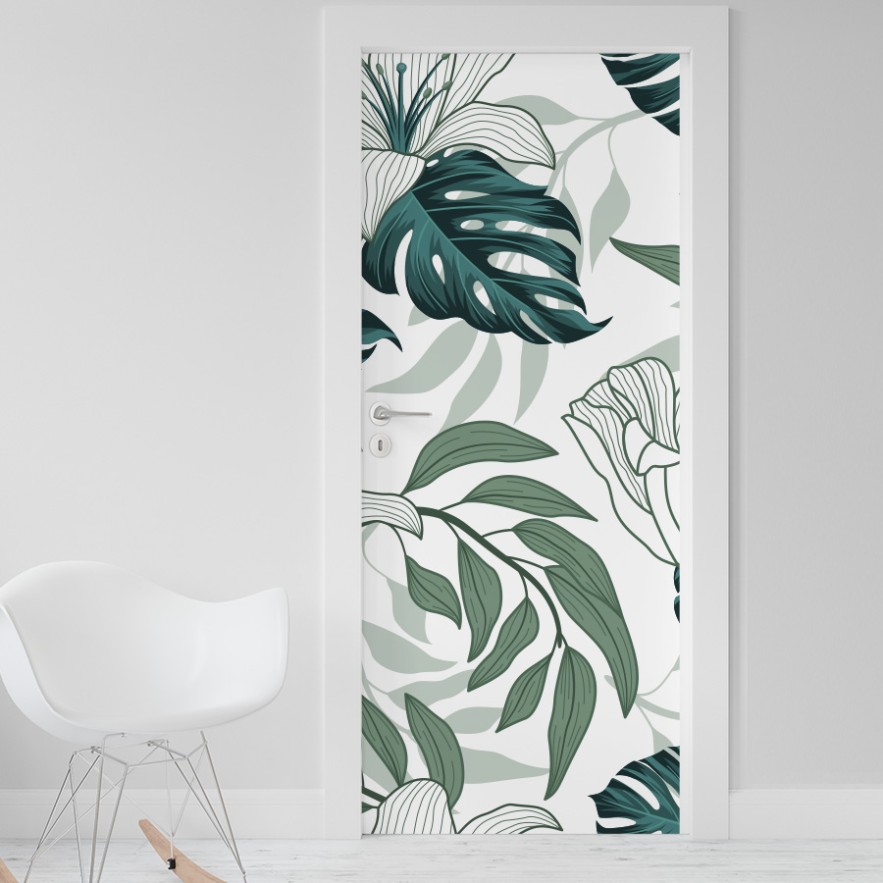 Vinilo para puerta hojas y flores tropicales