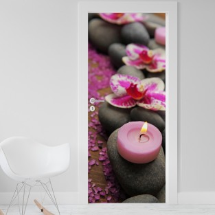 Vinilo para puerta piedras y vela rosa