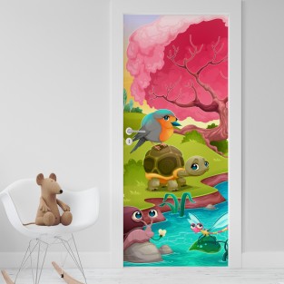Vinilo puerta infantil animales en lago