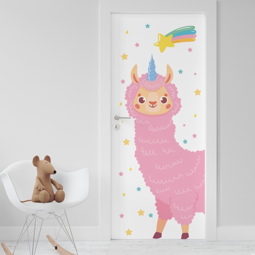 Vinilo puerta infantil llama unicornio rosa