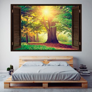 Ventana 3d de vinilo árbol en el bosque
