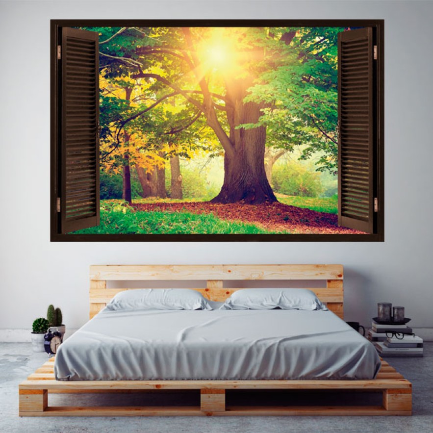 Ventana 3d de vinilo árbol en el bosque