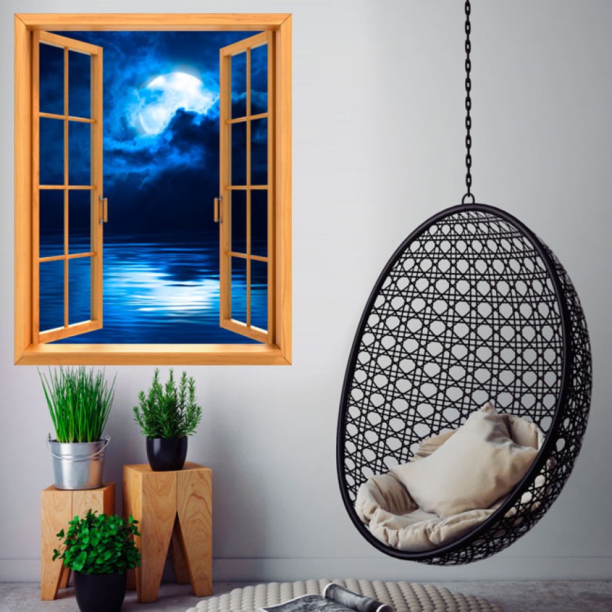 Ventana 3d luna llena sobre el mar
