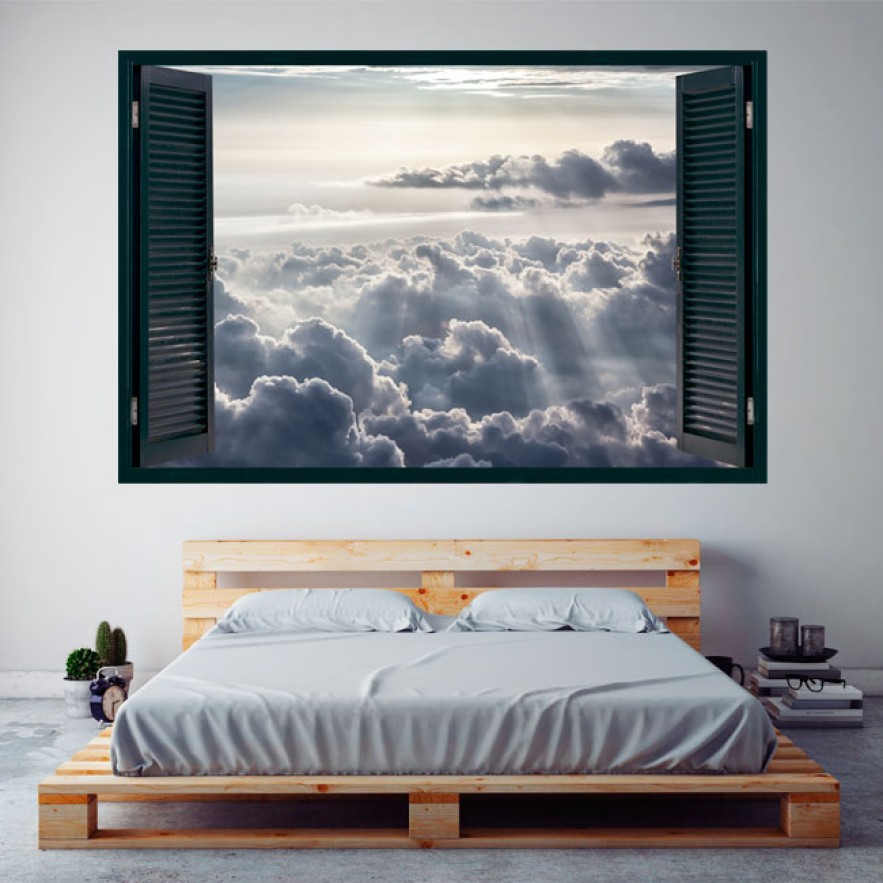 Ventanas 3d en vinilo nubes y rayos de sol