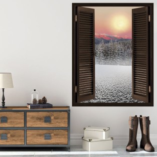 Ventanas 3d montañas nevadas sol atardecer