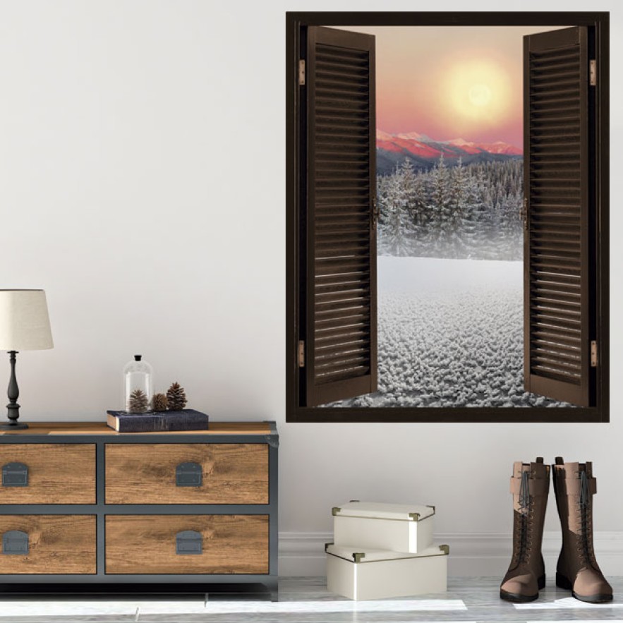 Ventanas 3d montañas nevadas sol atardecer
